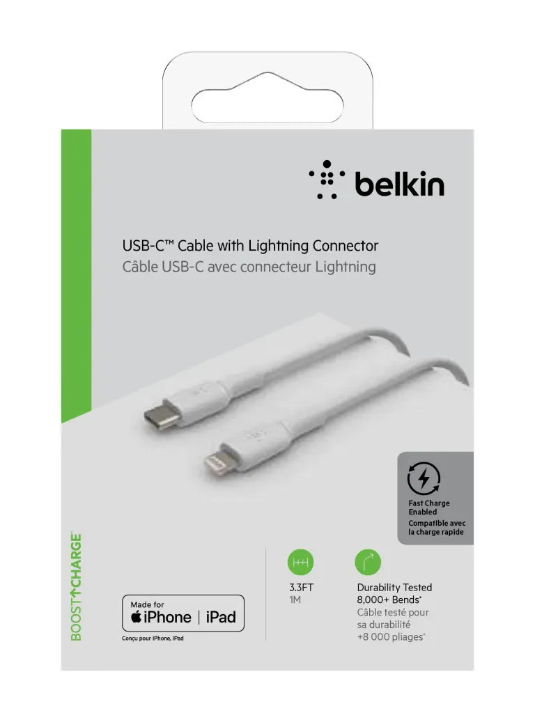 Overstore Article BELKIN Câble USB-C vers Lightning 1m (Blanc) (11).webp